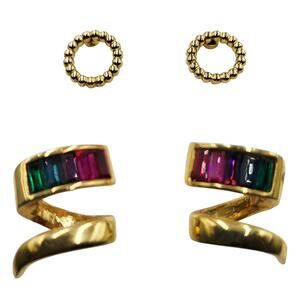 Vtg Gold Swirled Rainbow Baguette Stones Modern Gold Beaded Studded Earrings LOT